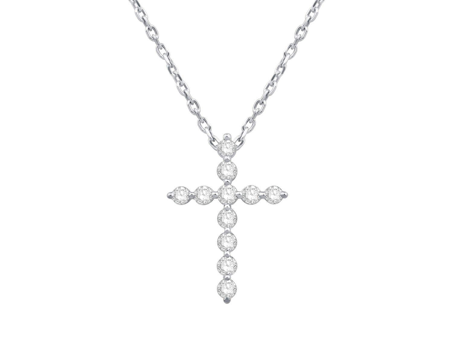 14K White Gold Lab Diamond Round Cross Pendant Necklace with Shared Prong Setting (0.25 ct)