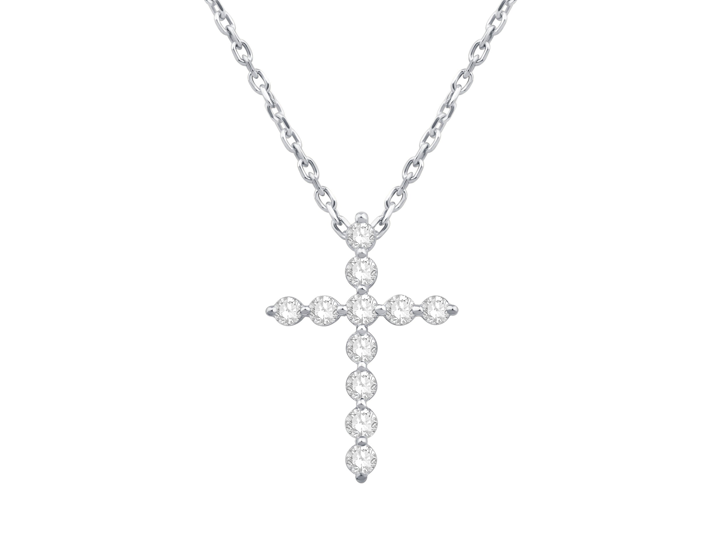 14K White Gold Lab Diamond Round Cross Pendant Necklace with Shared Prong Setting (0.25 ct)