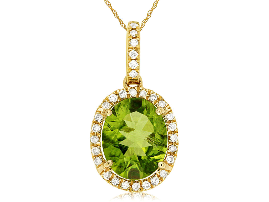 14 Karat Yellow Gold Halo Necklace with Peridot Gemstone and Natural Diamond Bail