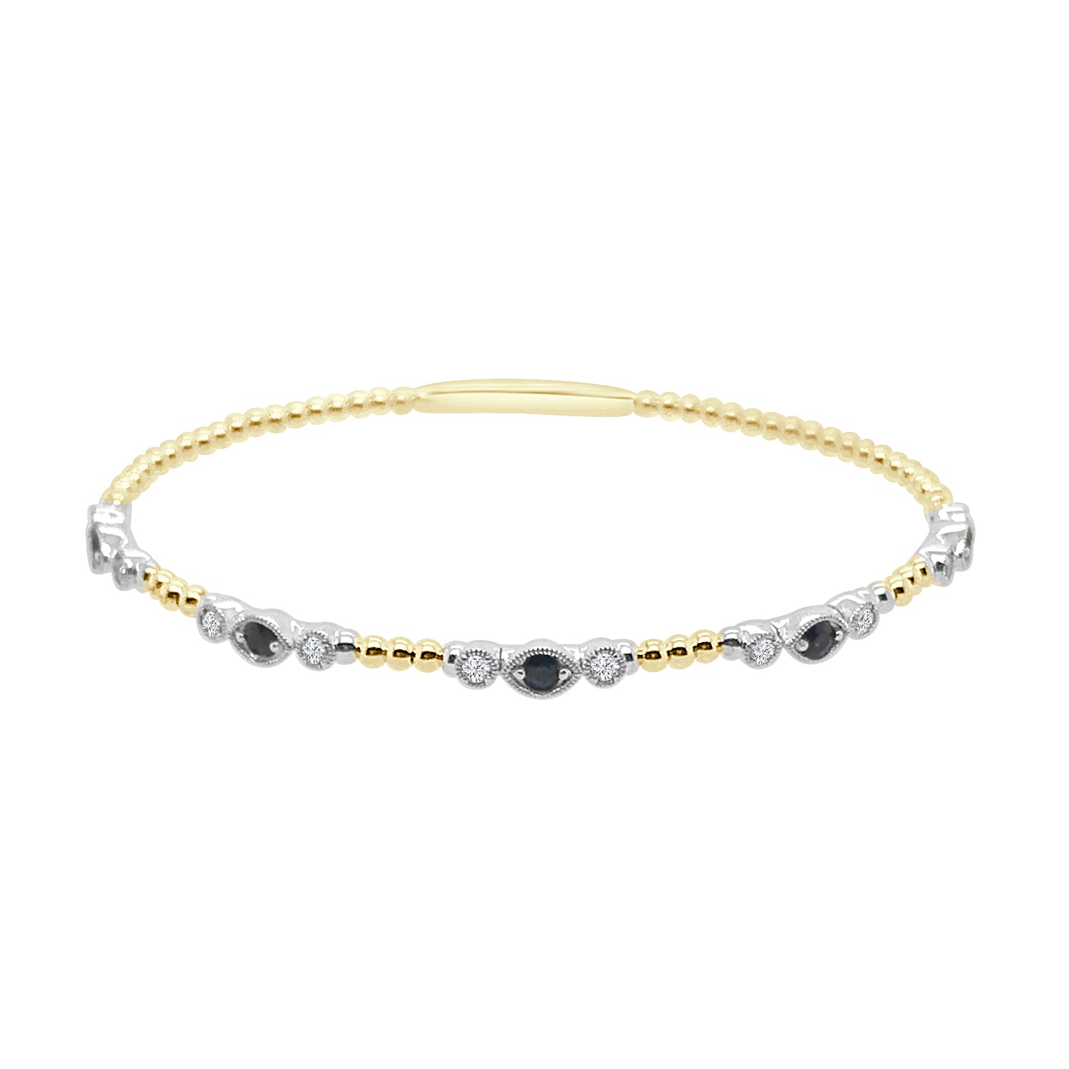14K Two-Tone Flex Milgrain Bangle with Beaded Station & Blue Sapphire Accents (0.48 ct)
