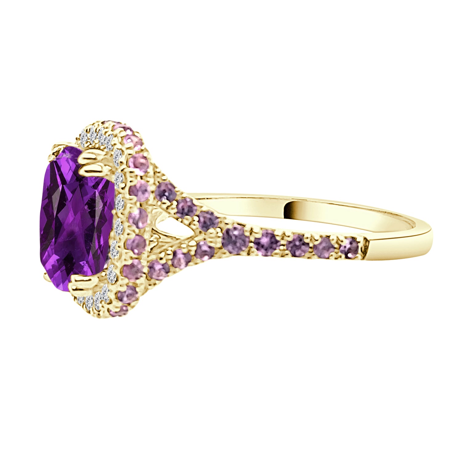 14K Yellow Gold Amethyst Fancy Cushion Halo Ring - 1.73 Carat