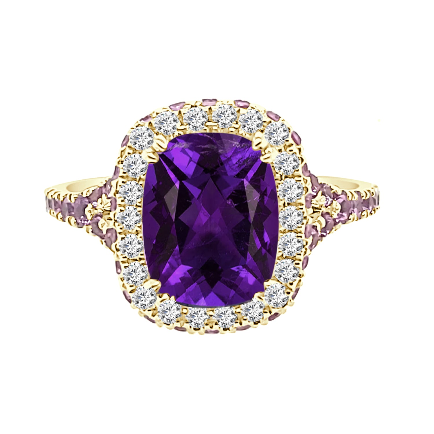 14K Yellow Gold Amethyst Fancy Cushion Halo Ring - 1.73 Carat