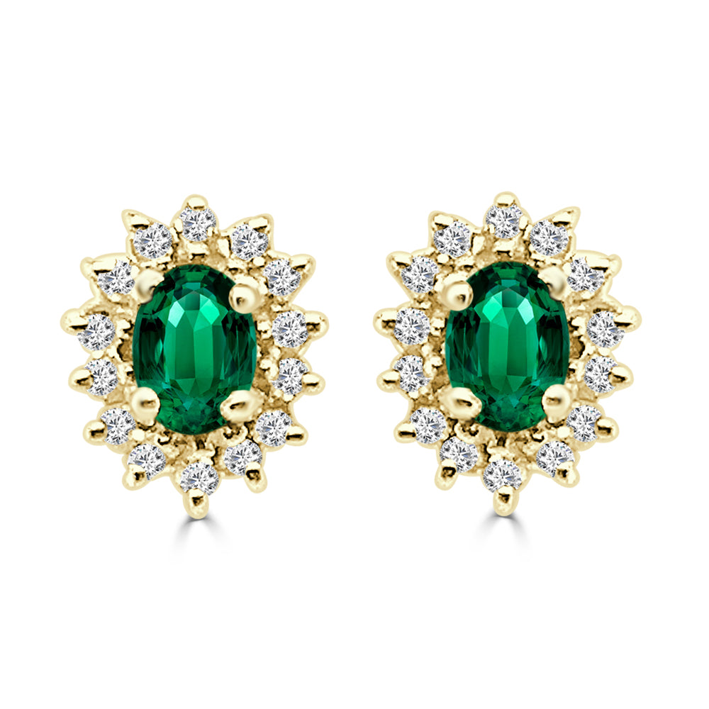 14K Yellow Gold Oval Emerald and Diamond Halo Stud Earrings - 0.50 ct