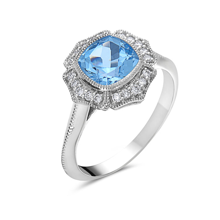 14K White Gold Blue Topaz Fancy Halo Ring with 1.90 Cushion Cut Gemstone