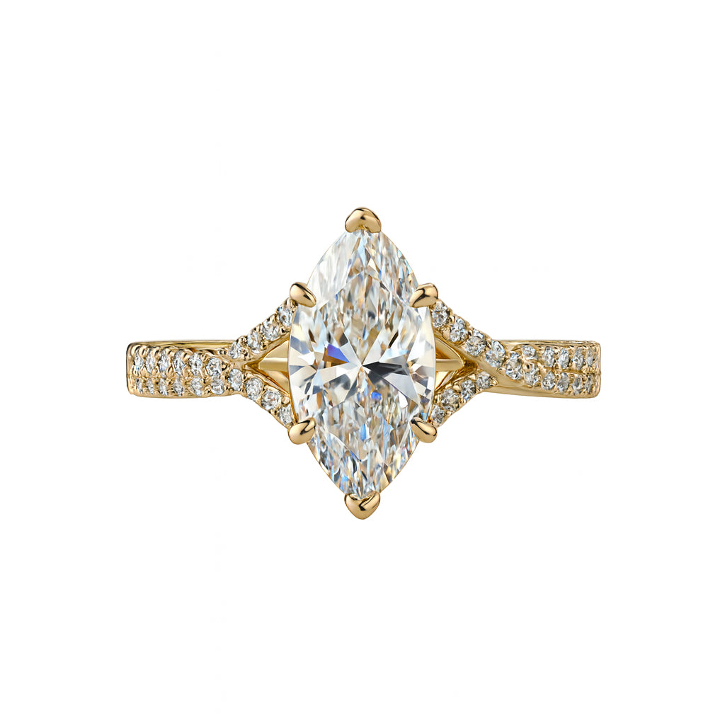 14K Yellow Gold Split Shank Engagement Ring with Marquise and Round Lab Diamond Side Stones