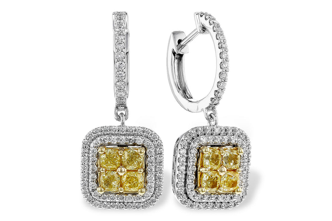 14 Karat Two-Tone Fancy Double Halo Gemstone Drop Earrings with Yellow and Natural Diamonds