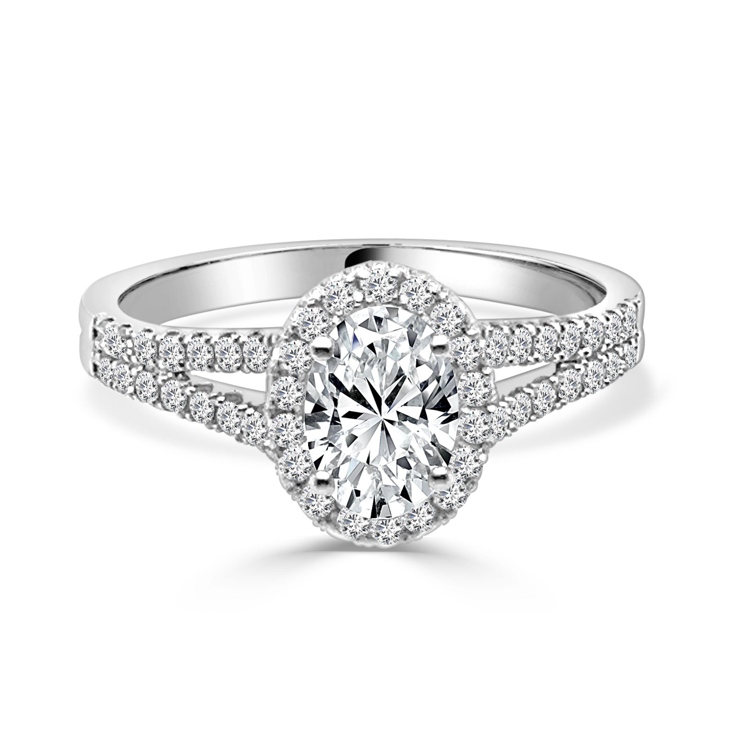 Sure, how about this?
Stunning 0.75 Lab Diamond Split Shank Oval Engagement Ring in 14 Karat White Gold