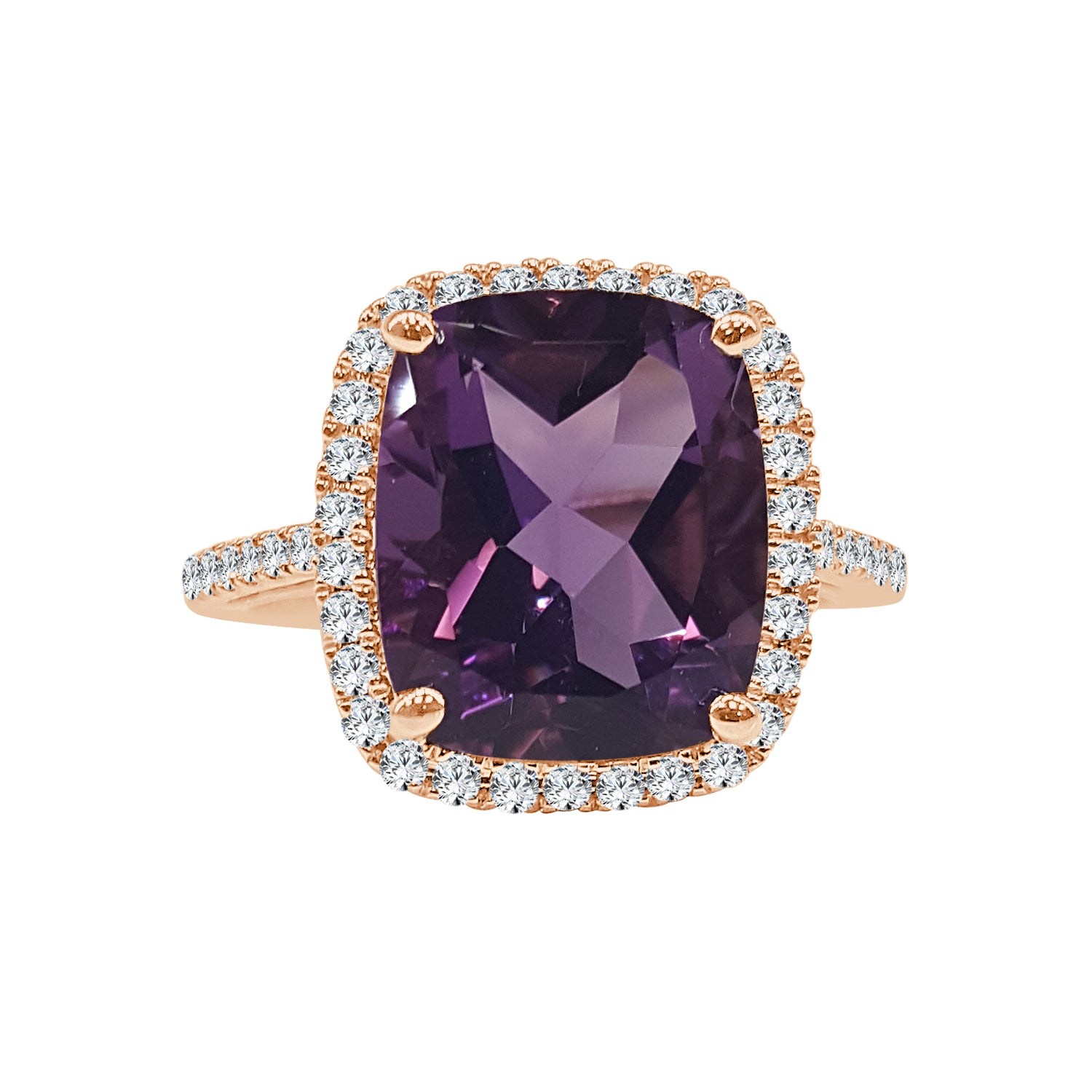 14 Karat Rose Gold Halo Ring with 6.20 Carat Amethyst
