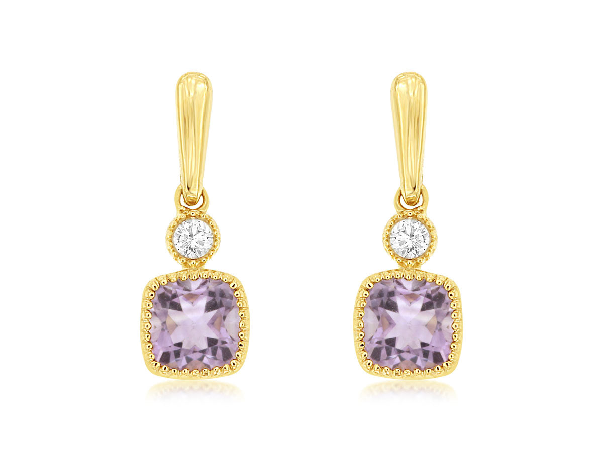 14K Yellow Gold Beaded Halo Amethyst Cushion Shape Earrings - 0.30 Carat