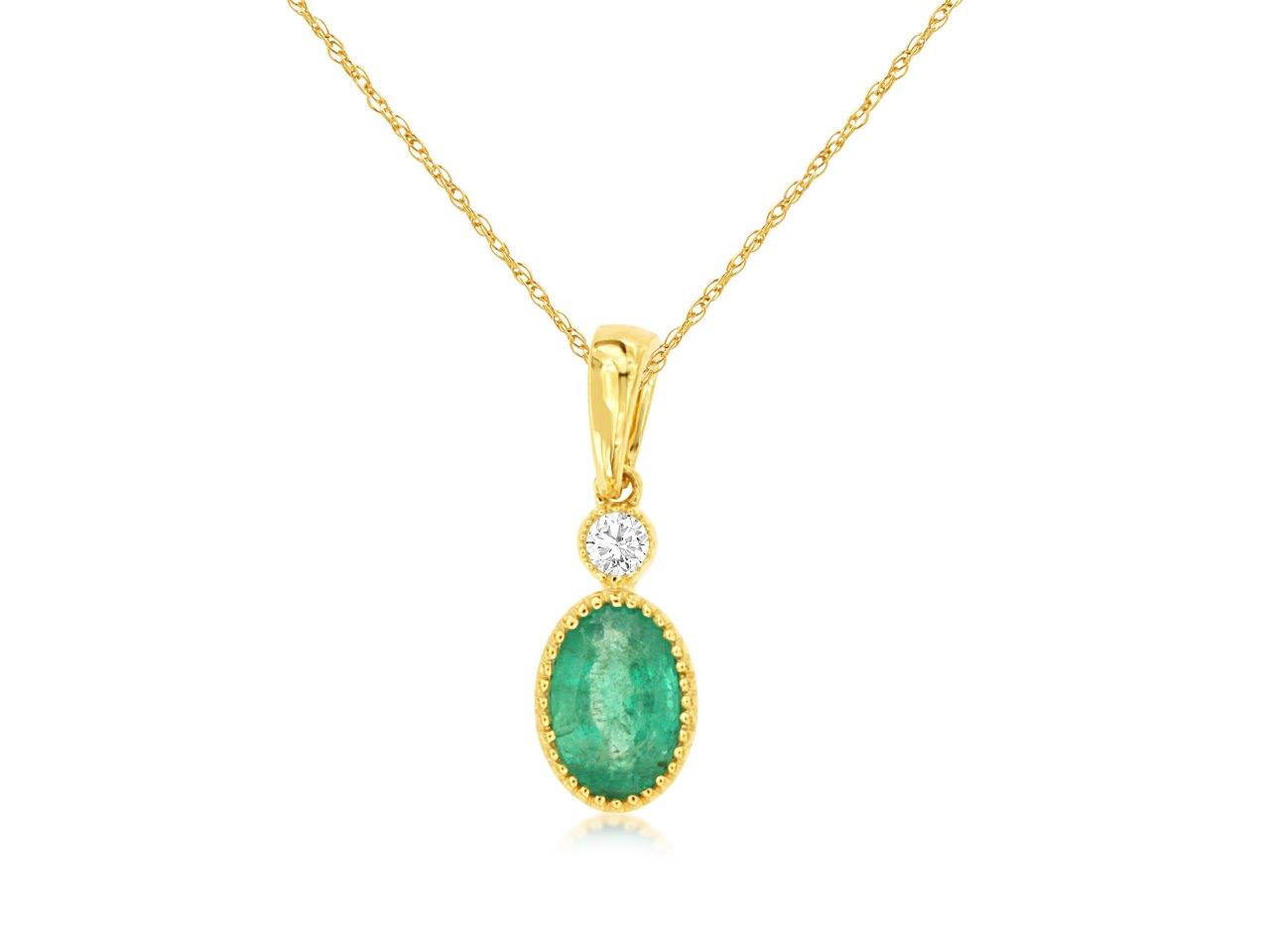 14K Yellow Gold Cable Necklace with Beaded Bezel Oval Emerald and Natural Diamond Accents