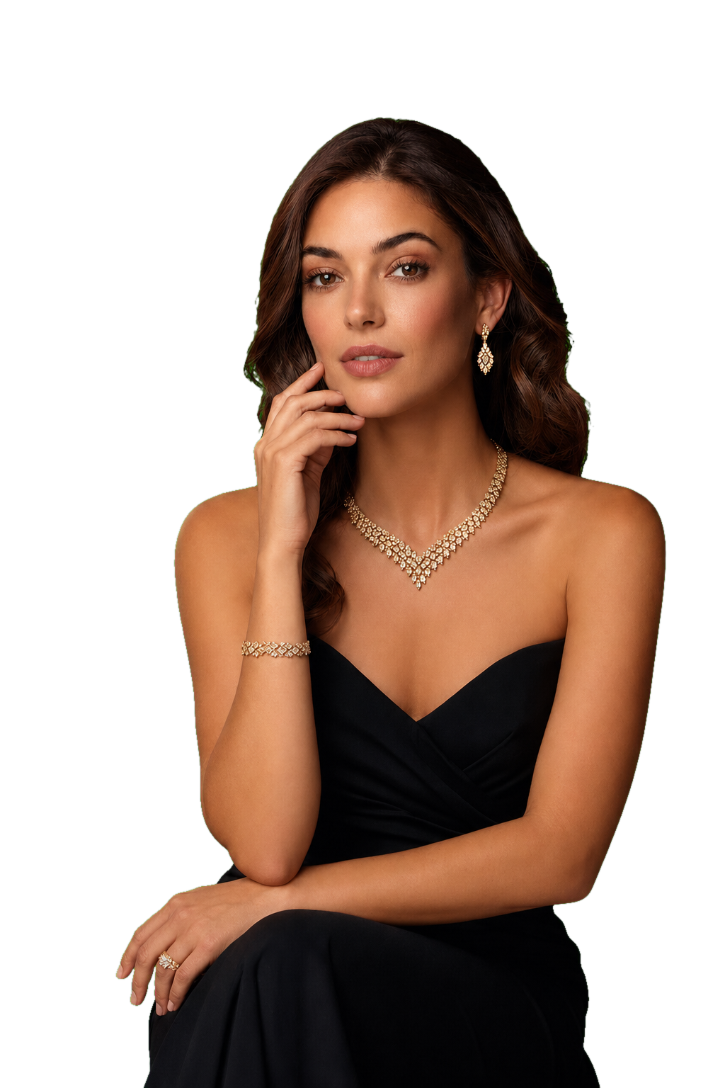 Editorial cutout portrait of a woman wearing diamond jewelry for A&J Jewelers