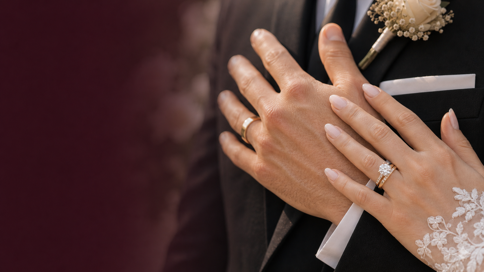 Wedding bands worn by a couple on their wedding day