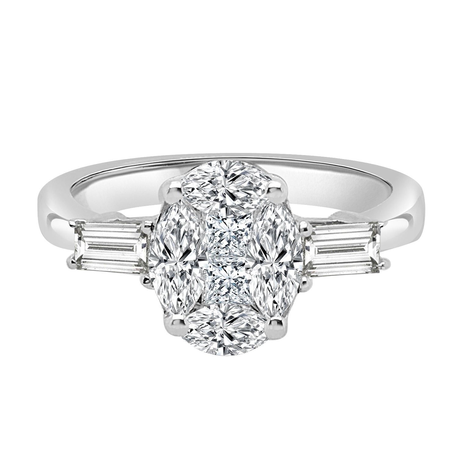 Oval Mosaic and Baguette Diamond Ring - 1.04 Carat, 18 Karat White Gold