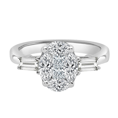 Oval Mosaic and Baguette Diamond Ring - 1.04 Carat, 18 Karat White Gold