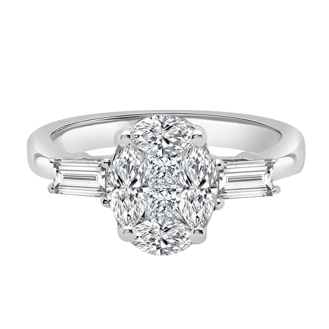 Sophisticated Oval Mosaic and Baguette Diamond Ring in 18 Karat White Gold, 1.04 Carat