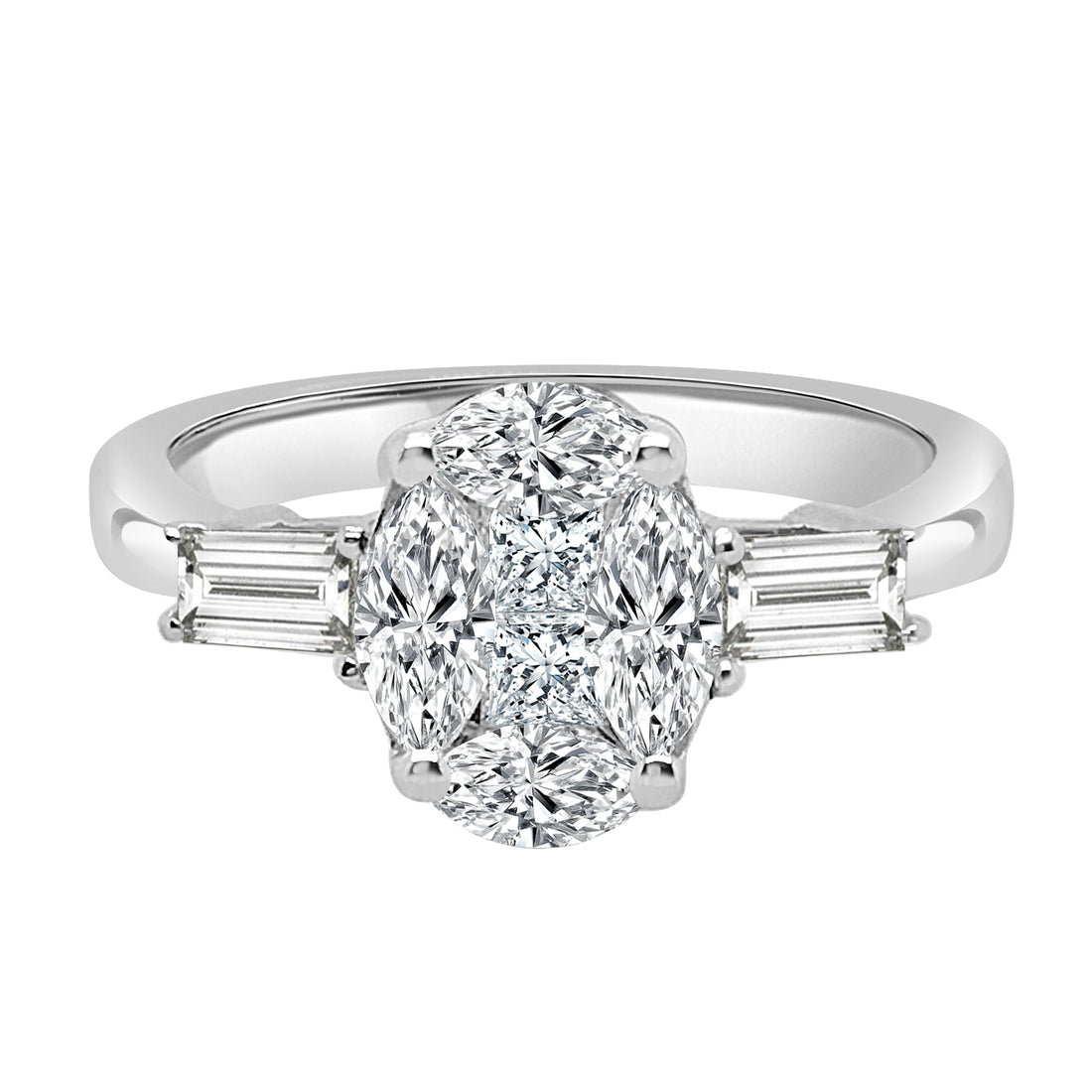 Oval Mosaic &amp; Baguette Natural Diamond Ring in 18 Karat White Gold (1.04 ct)