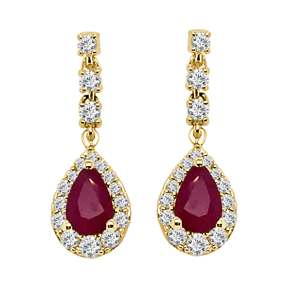 Ruby Pear Shape Diamond Halo Earrings in 14 Karat Yellow Gold