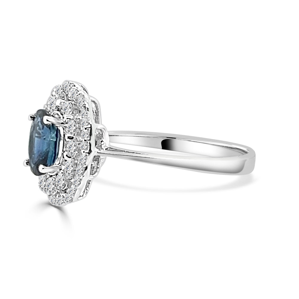 14K White Gold Double Halo Blue Sapphire Oval Ring - 1 Carat