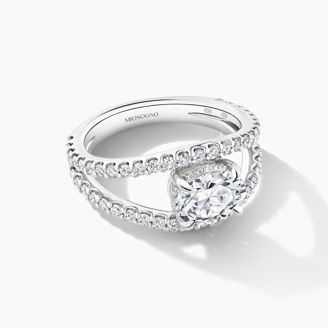 Platinum Oval East To West Diamond Bridge Open Work Engagement Mounting with Cubic Zirconia Accent