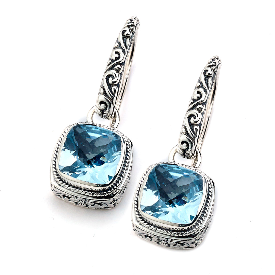 Square Floral Sterling Silver Earrings with Blue Topaz Design