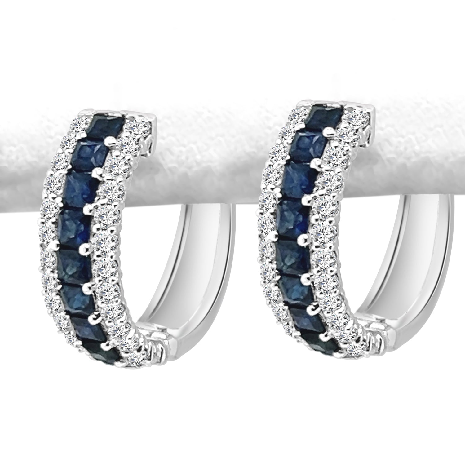 Stunning 14 Karat White Gold Diamond and Sapphire Hoop Earrings (1.39 ct) - Shared Prong Design in Blue Sapphire