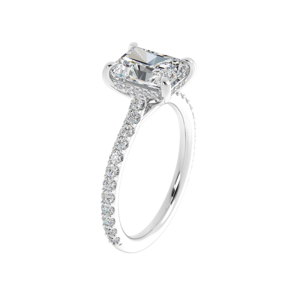 Radiant Platinum Engagement Mounting with Hidden Halo and Diamond Band Featuring Radiant Shape Cubic Zirconia