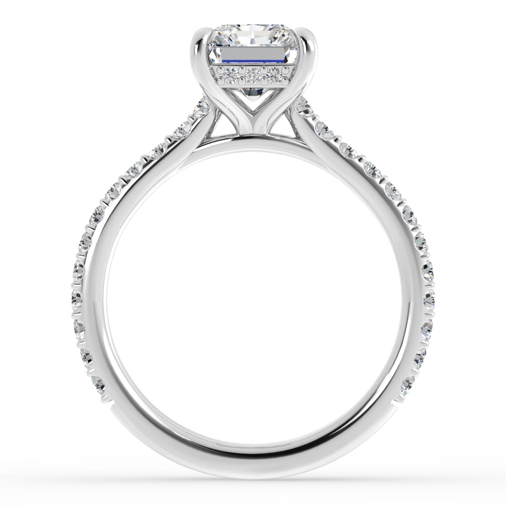 Radiant Platinum Engagement Mounting with Hidden Halo and Diamond Band Featuring Radiant Shape Cubic Zirconia