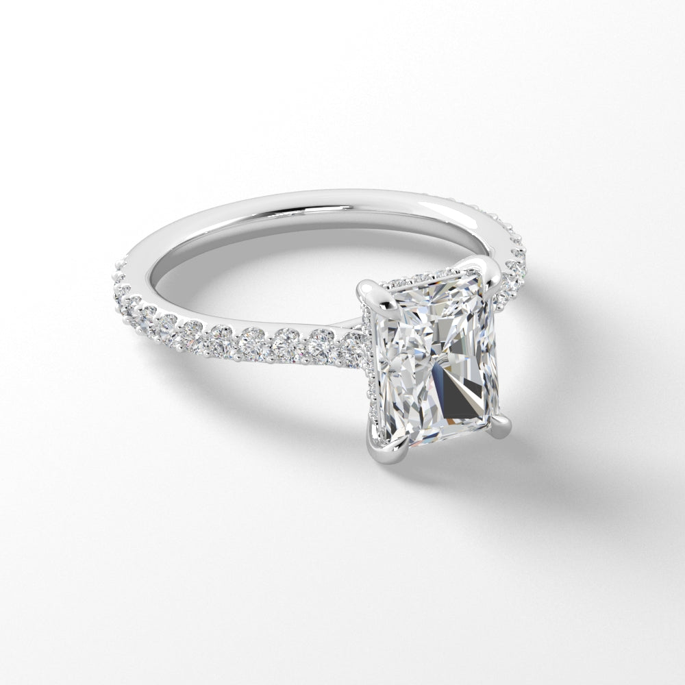 Radiant Platinum Engagement Mounting with Hidden Halo and Diamond Band Featuring Radiant Shape Cubic Zirconia