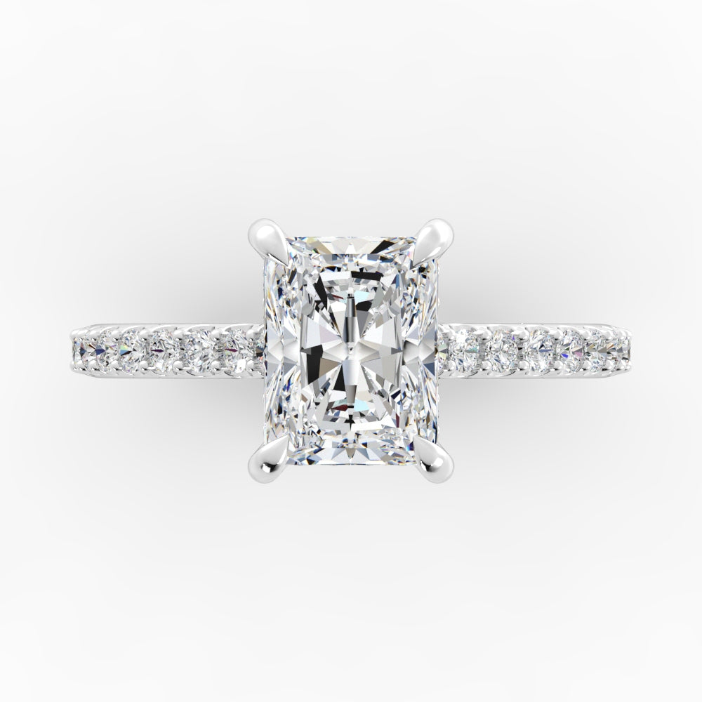 Radiant Platinum Engagement Mounting with Diamond Band and Hidden Halo