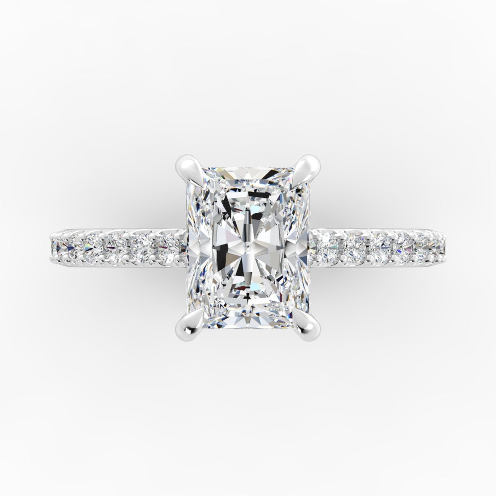 Radiant Platinum Engagement Mounting with Hidden Halo and Diamond Band Featuring Radiant Shape Cubic Zirconia