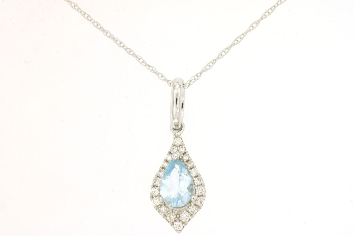 Halo Aquamarine and Diamond Pendant Necklace in 14 Karat White Gold with Cable Chain
