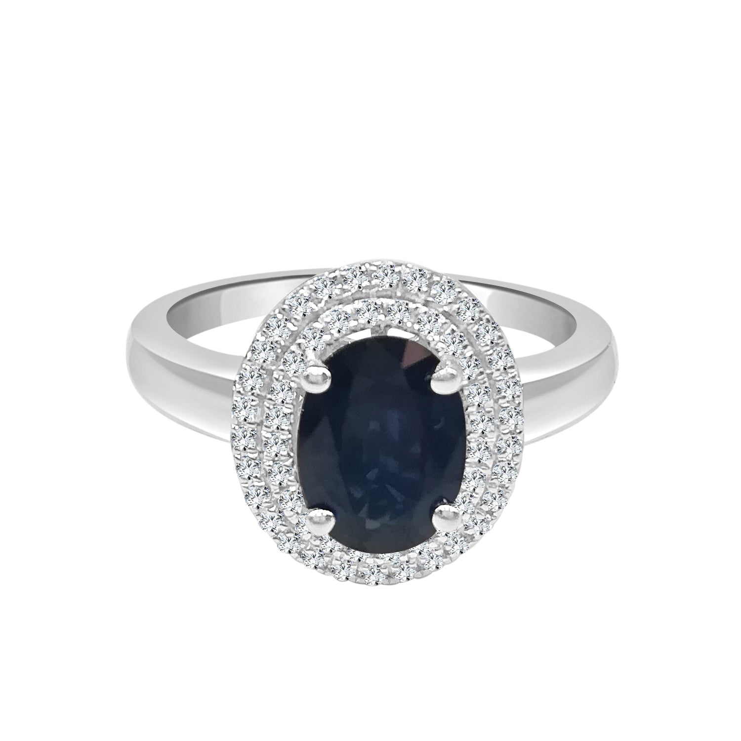 Two-Toned Elegance: 14 Karat White Gold Double Halo Ring with Blue Sapphire 1.57 Oval Shape