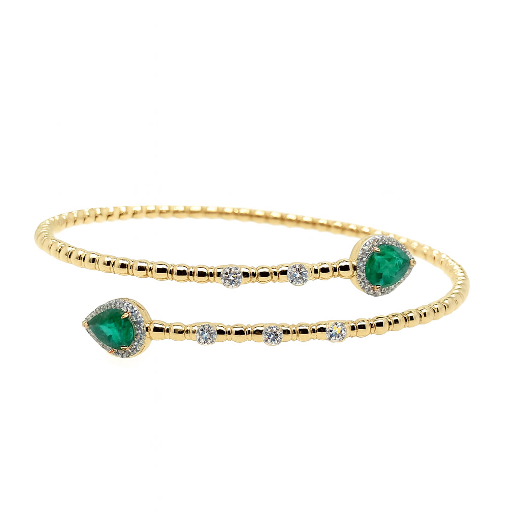 14K Yellow Gold Emerald and Diamond Wrap Bangle Bracelet with Pear-Shaped 1.18ct Emerald