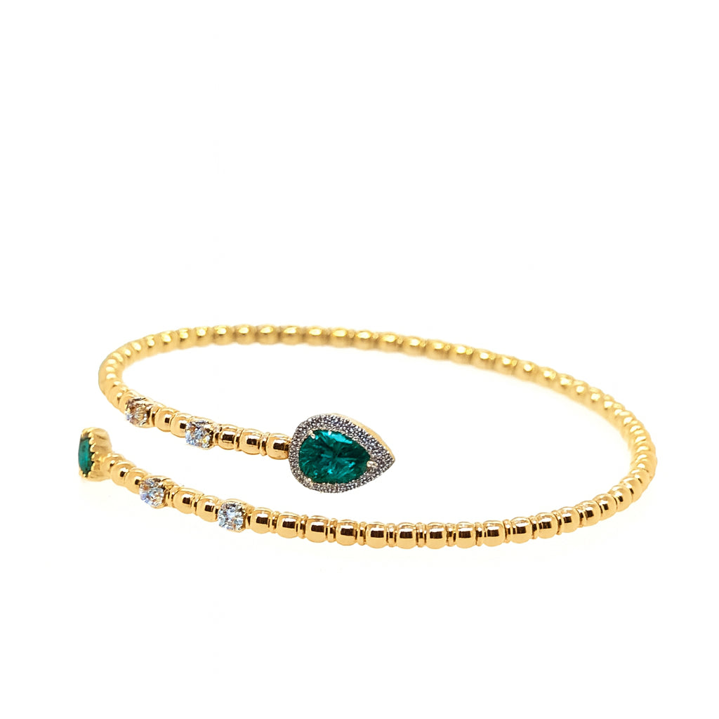 14K Yellow Gold Emerald and Diamond Wrap Bangle Bracelet with Pear-Shaped 1.18ct Emerald