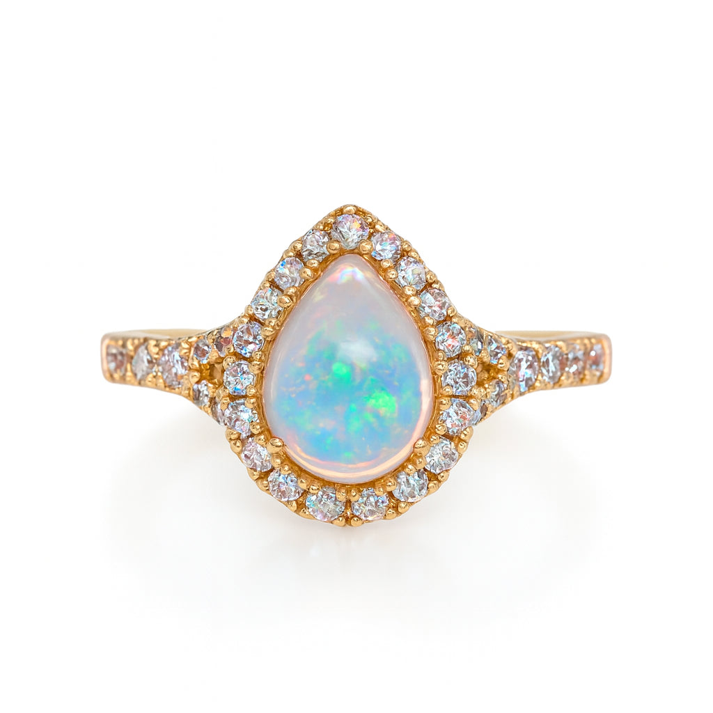 Sure, here is a product title using those keywords: Pear Shape Opal Halo Split Shank Ring in 14K Yellow Gold, 1.80 Carats