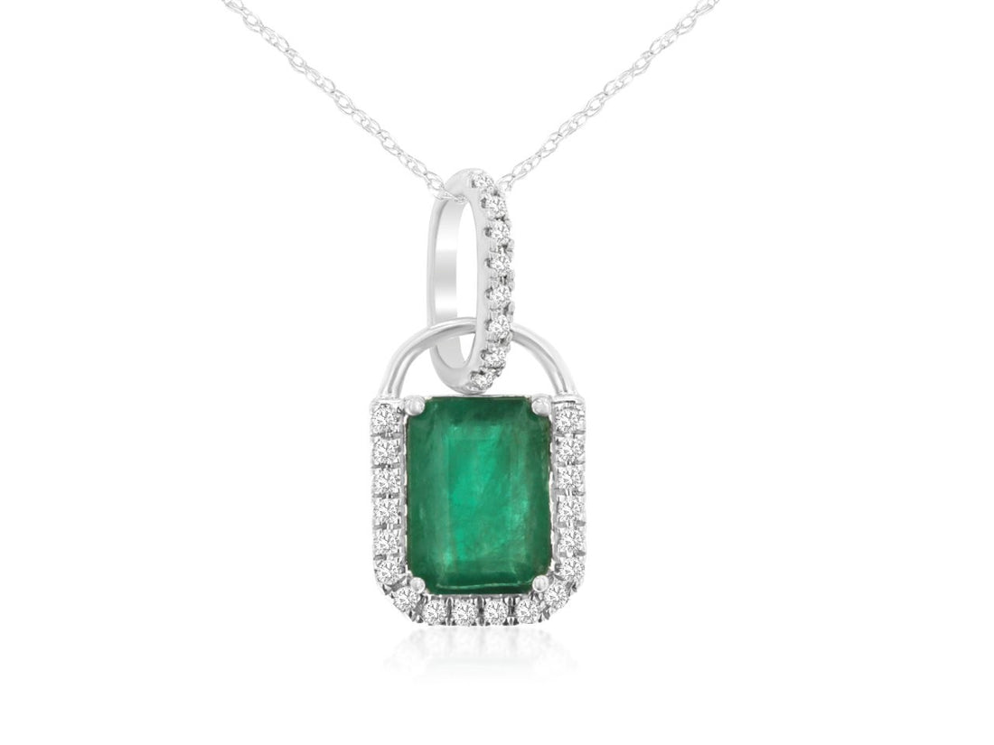 Emerald and Diamond Cable Necklace in 14 Karat White Gold with 3/4 Halo Design