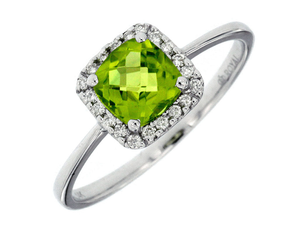 Ladies 14 Karat White Gold Halo Ring with Peridot Cushion Gemstone and Natural Diamond Accents