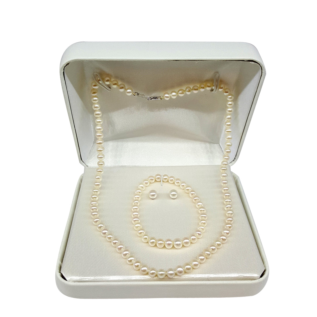 Sterling Silver Pearl Necklace &amp; Earring 3pc Set - 13 Neck, 5 Bracelet