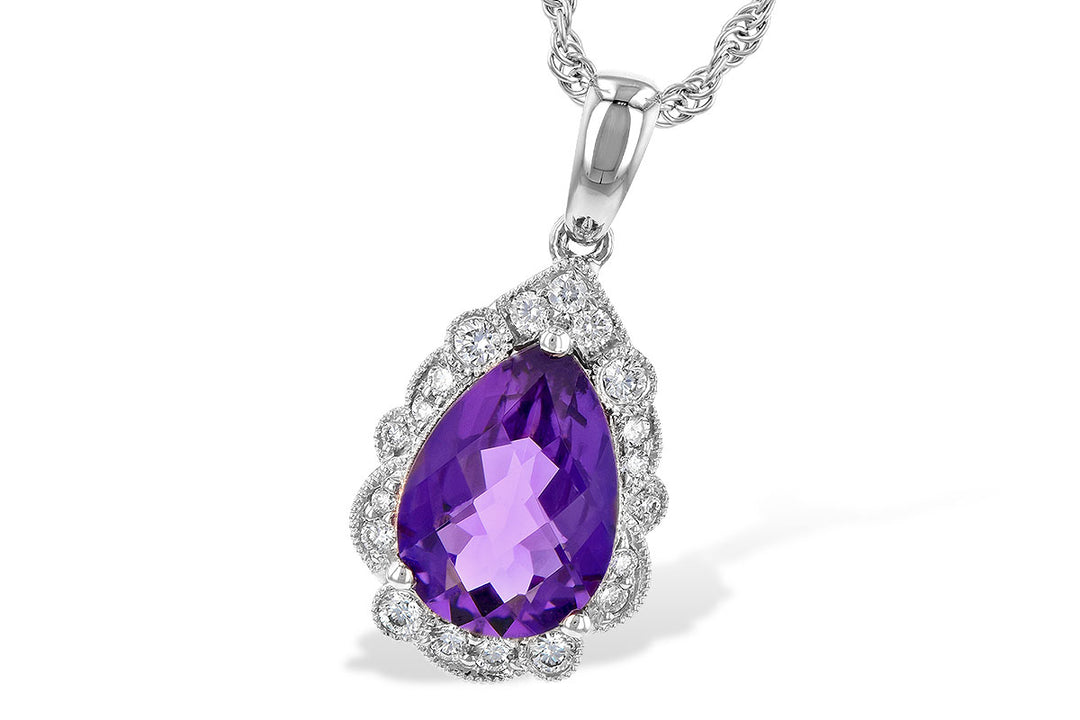 Vintage Pear Halo Amethyst Necklace in 14 Karat White Gold