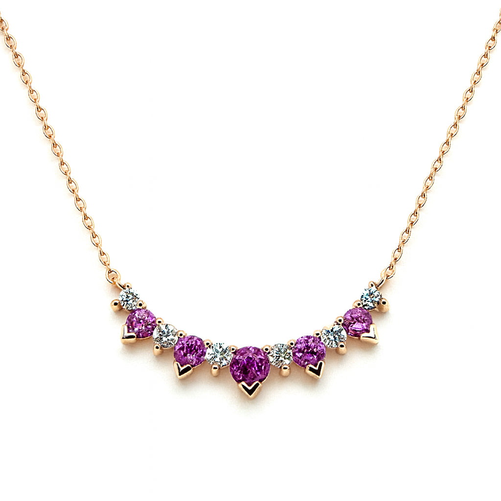 Curved Stacking Pink Sapphire Necklace in 14 Karat Rose Gold with 0.75 Round Shape