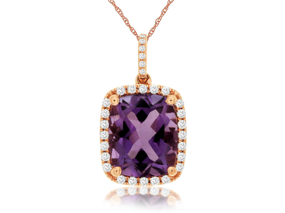 Radiant Halo Amethyst Necklace in 14 Karat Rose Gold