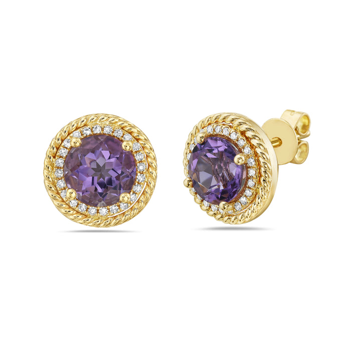14 Karat Yellow Gold Amethyst Stud Earrings with Rope Detailing in Round Shape 2.45 Carats
