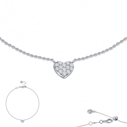 Platinum Coated Sterling Silver Anklet with 10in Mini Pave Heart featuring Lassaire (0.38 CT)