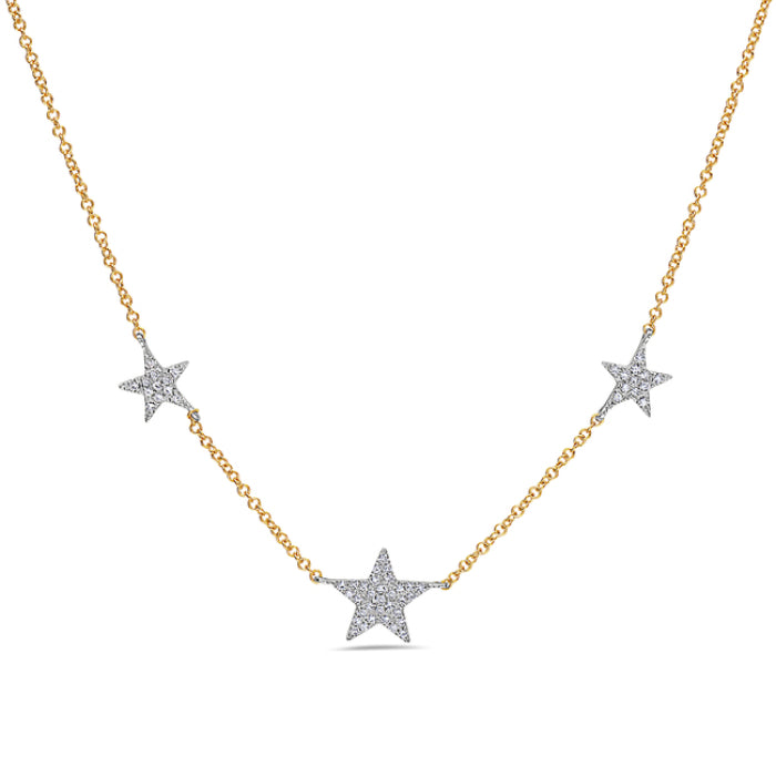 14 Karat Two-Tone Star Station Necklace with Natural Diamond 0.12 Carat