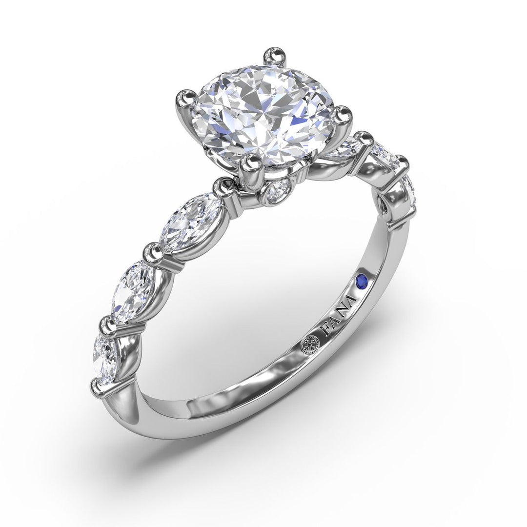 Timeless Elegance: 14 Karat White Gold Shared Prong Marquise Engagement Mounting with Sparkling Cubic Zirconia