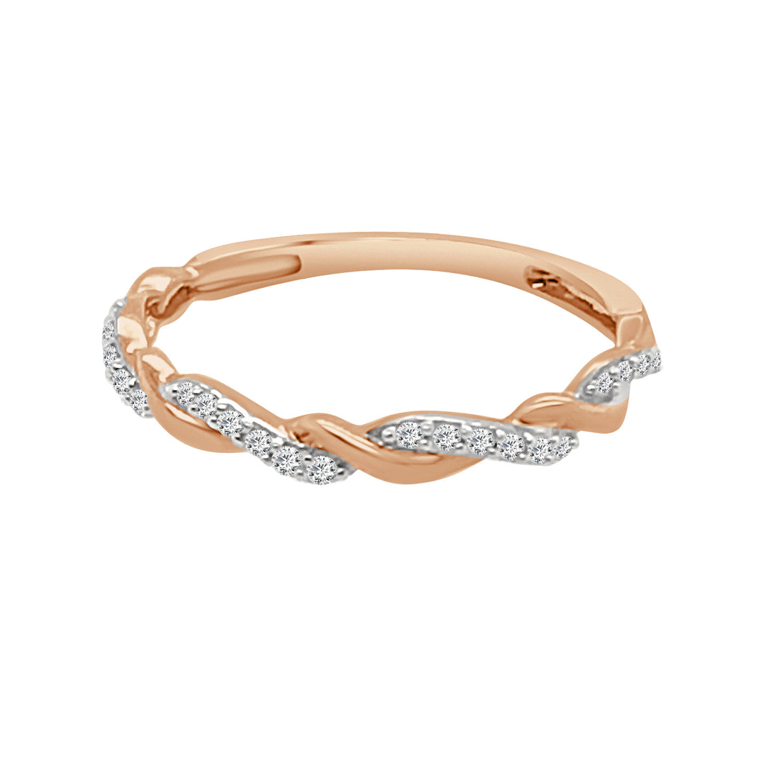 Twisting Beauty: 10K Rose Gold Wedding Band with Natural Diamond Accents (0.08 ct)