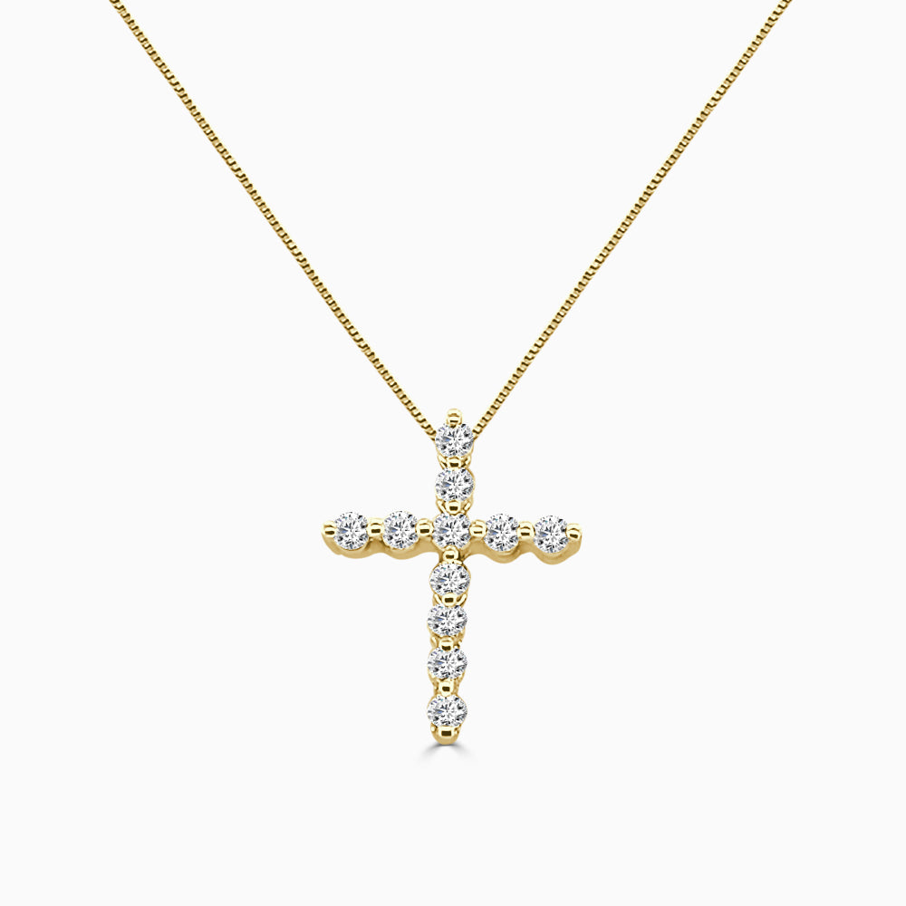 10K Yellow Gold Prongset Diamond Cross Necklace - Round Shape, 0.52ct Natural Diamond Pendant