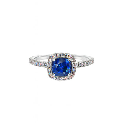14K White Gold Blue Sapphire and Diamond Cushion Shape Ring - 1.42 Carats