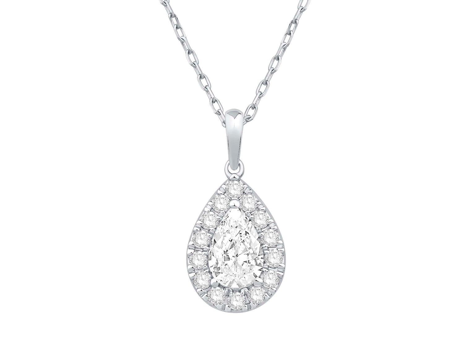 Stunning 14K White Gold Pear Shape Halo Pendant Necklace with 1.01 Lab Diamond