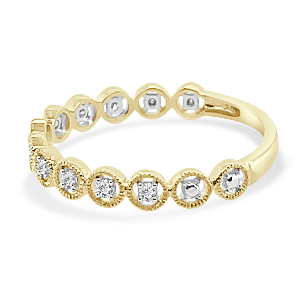Sure, here is a product title using the keywords you provided:
10K Yellow Gold Milgrain Beading Wedding Band with 0.10 ct Round Natural Diamond